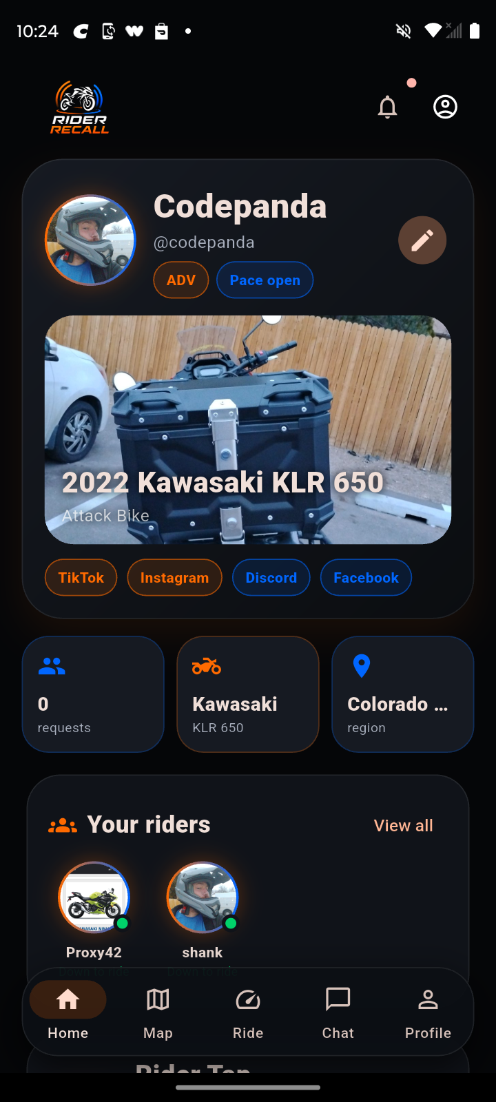 Rider Recall home tab
