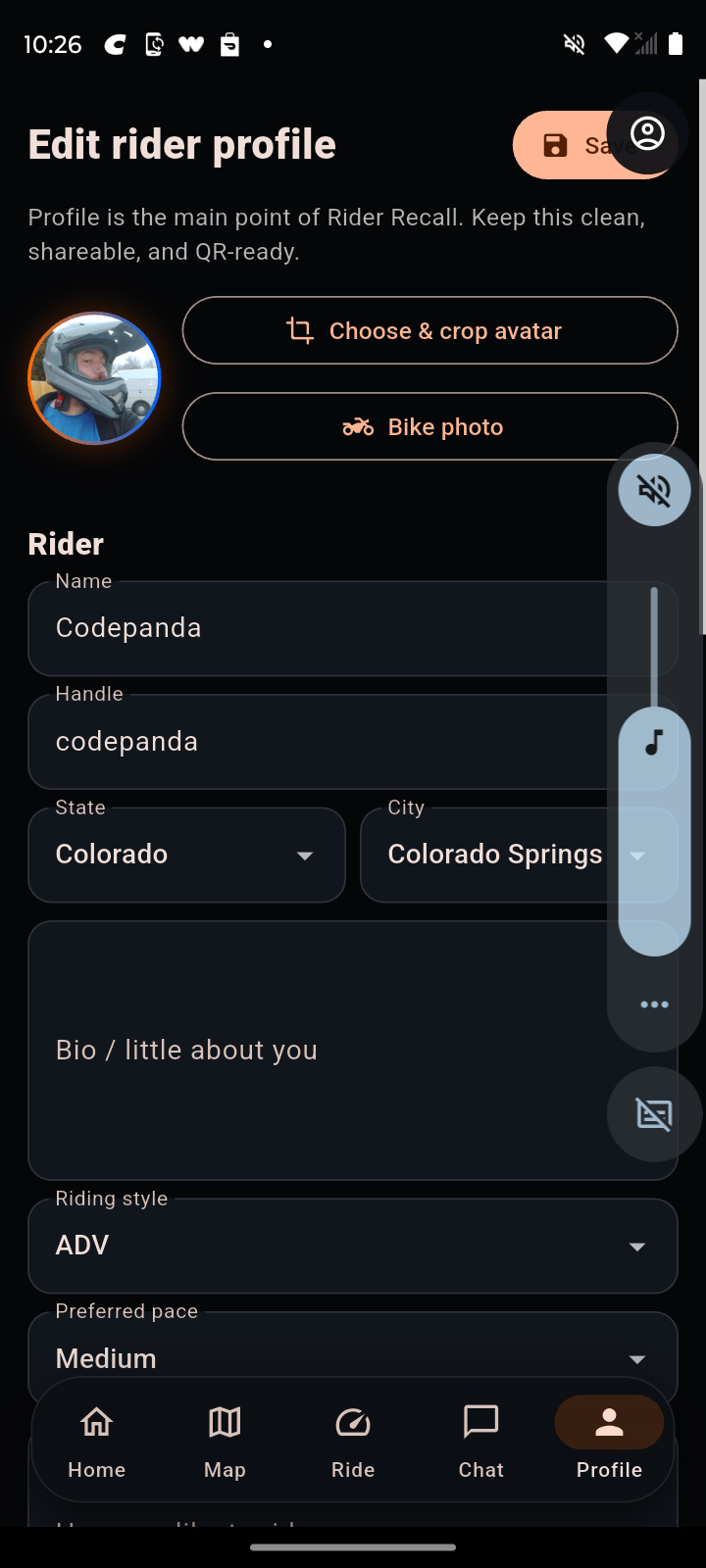 Rider Recall rider profile edit screen